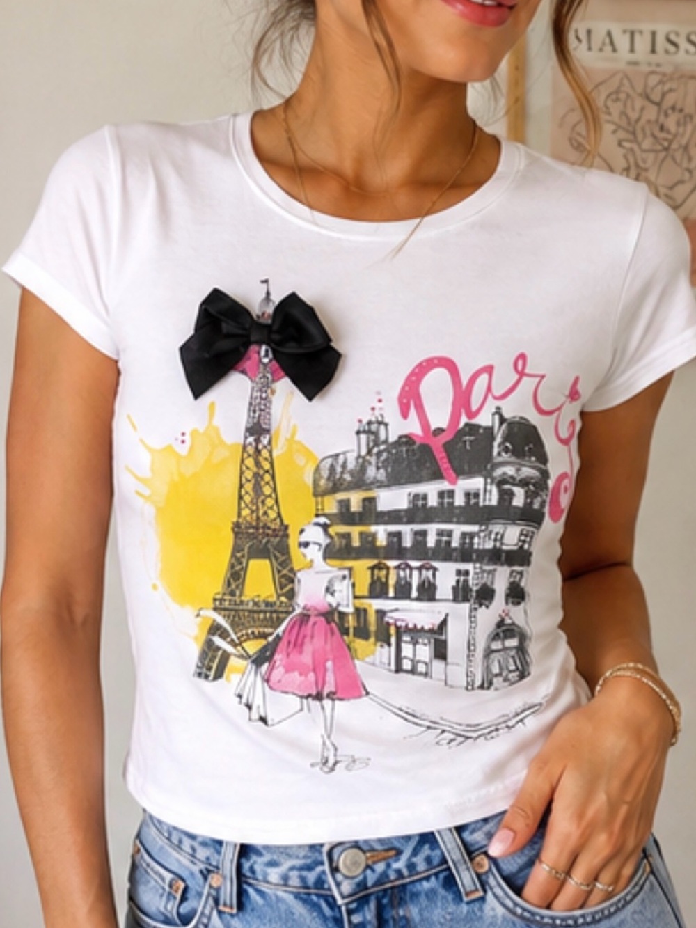 XOXO Paris Women’s Size S 100% Cotton Paris Graphic Tee with Bow
